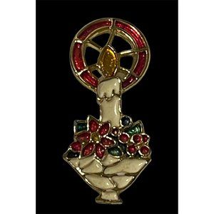 Vtg Beatrix Gold Tone Enamel Christmas Candle Holiday Pin Brooch Stained Glass